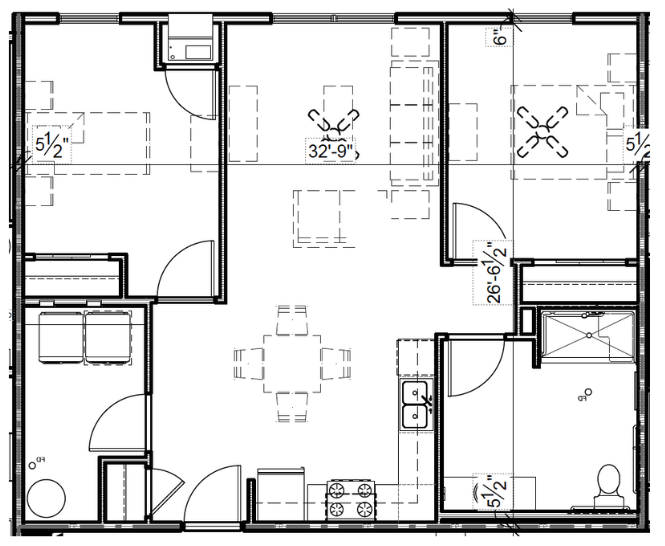 Floor plan for 2 beds, 1 bath, 863 sqft